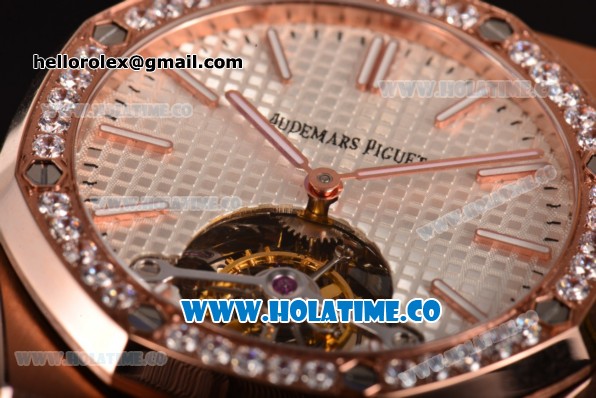 Audemars Piguet Royal Oak 41MM Swiss Tourbillon Manual Winding Rose Gold Case with White Dial Diamonds Bezel and Stick Markers (FT) - Click Image to Close